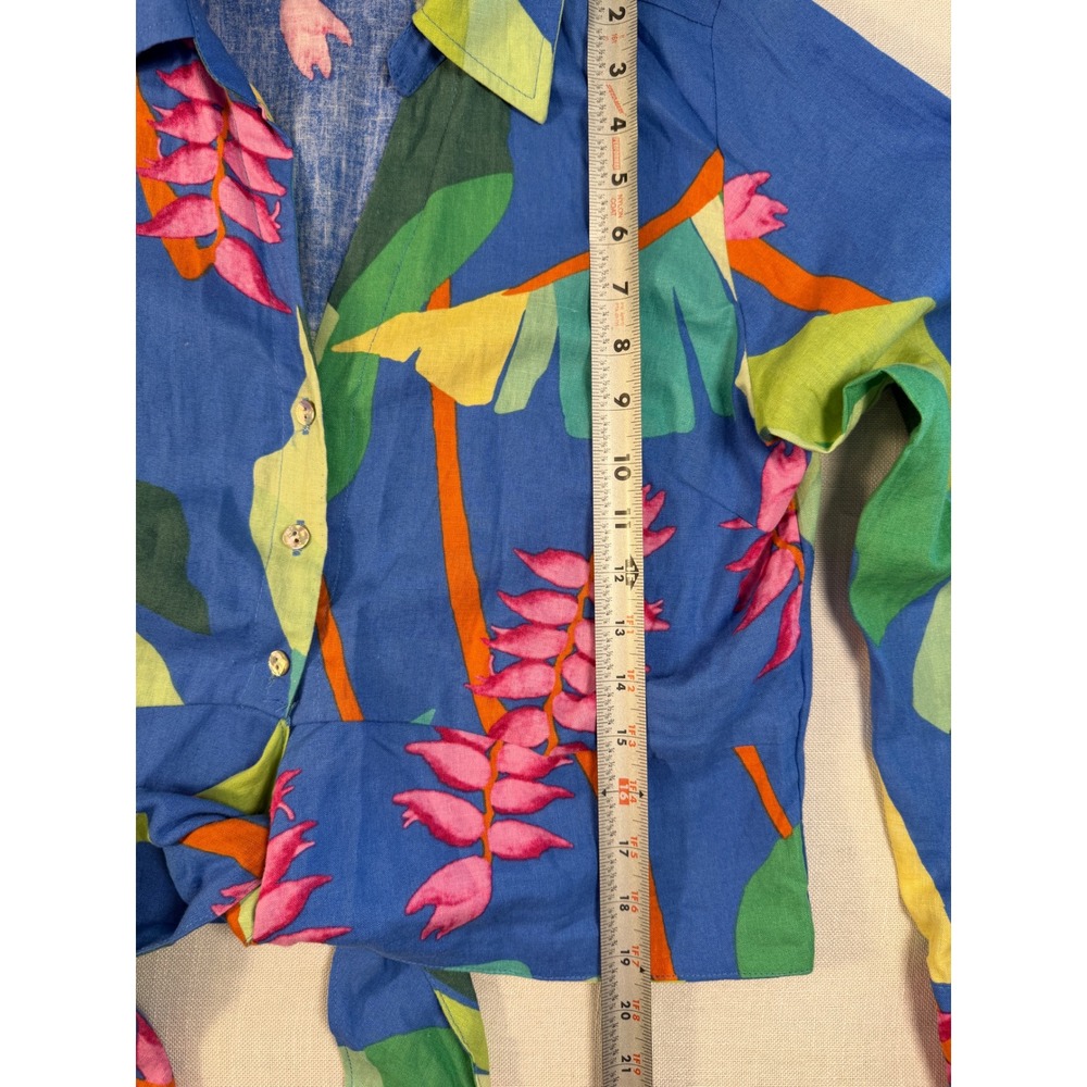 Christian Siriano New York Blue Tropical Floral Tie Front Cropped Linen Top M - Picture 8 of 8